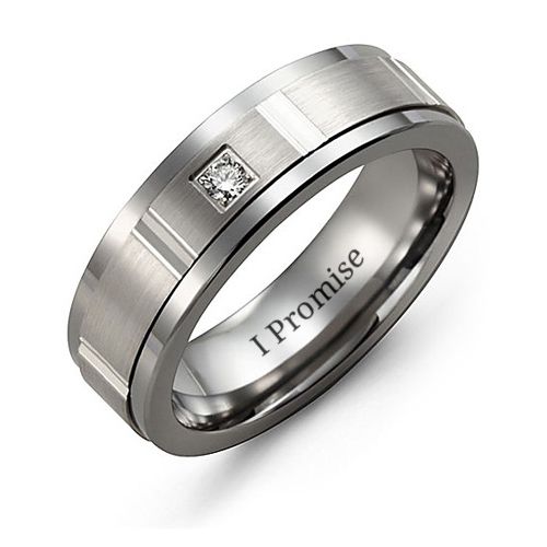 Tungsten Men's Gemstone Ring with Diamond Cut Inlay and Cubic Zirconia Stone
