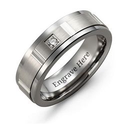 Men's Gemstone Ring with Diamond Cut Inlay in Tungsten with Cubic Zirconia