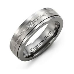 Men's Gemstone Ring with Rope Detail Inlay in Tungsten with Cubic Zirconia