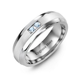 Men's Gemstone Dome Ring with Brushed Inlay in Tungsten with Aquamarine