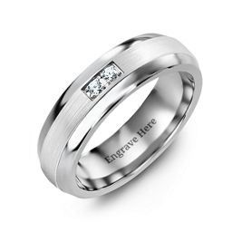 Men's Gemstone Dome Ring with Brushed Inlay in Tungsten with Cubic Zirconia