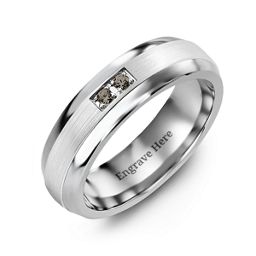 Men's Gemstone Dome Ring with Brushed Inlay in Tungsten with Smokey Quartz