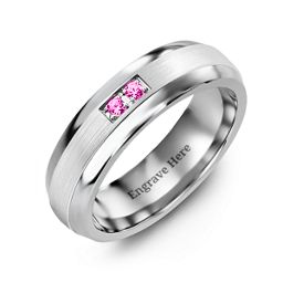 Men's Gemstone Dome Ring with Brushed Inlay in Tungsten with Pink Tourmaline