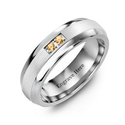 Men's Gemstone Dome Ring with Brushed Inlay in Tungsten with Citrine