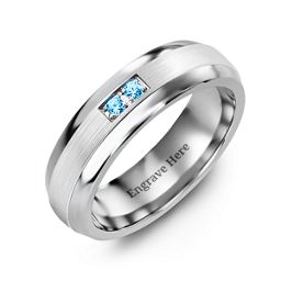 Men's Gemstone Dome Ring with Brushed Inlay in Tungsten with Blue Topaz