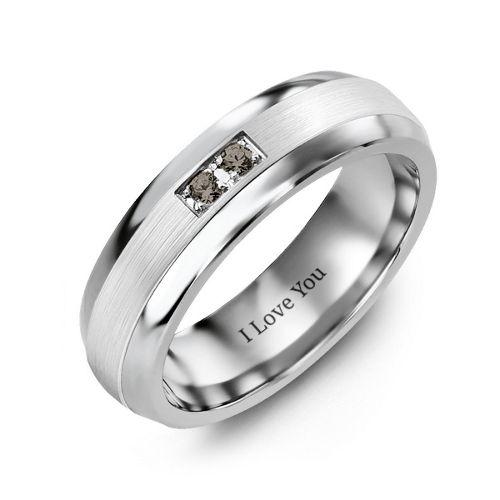 Men's Gemstone Dome Ring with Brushed Inlay – Tungsten with Smokey Quartz