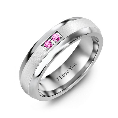 Men's Gemstone Dome Ring with Brushed Inlay – Tungsten with Pink Tourmaline