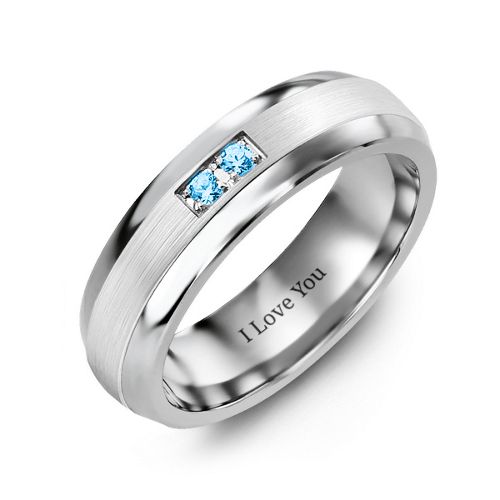Men's Gemstone Dome Ring with Brushed Inlay – Tungsten with Blue Topaz