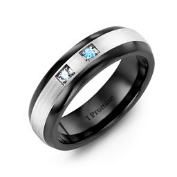 Men's Two Stone Dome Ring with Brushed Inlay in Ceramic with Cubic Zirconia and Blue Topaz