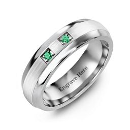 Men's Two Stone Dome Ring with Brushed Inlay in Tungsten with Emerald