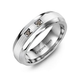Men's Two Stone Dome Ring with Brushed Inlay in Tungsten with Smokey Quartz