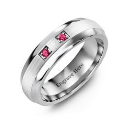 Men's Two Stone Dome Ring with Brushed Inlay in Tungsten with Ruby