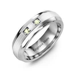Men's Two Stone Dome Ring with Brushed Inlay in Tungsten with Peridot