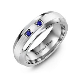 Men's Two Stone Dome Ring with Brushed Inlay in Tungsten with Blue Sapphire