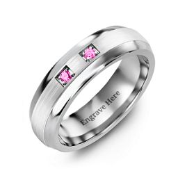 Men's Two Stone Dome Ring with Brushed Inlay in Tungsten with Pink Tourmaline