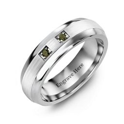 Men's Two Stone Dome Ring with Brushed Inlay in Tungsten with Alexandrite