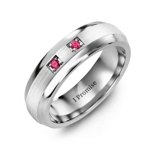 Men's Two Stone Dome Ring with Brushed Inlay – Tungsten with Ruby