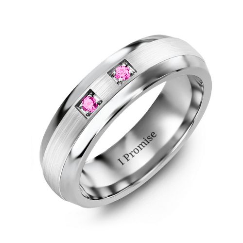 Men's Two Stone Dome Ring with Brushed Inlay – Tungsten with Pink Tourmaline