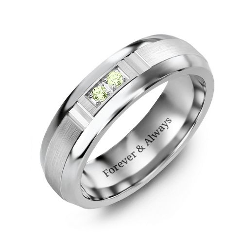 Men's Two Stone Ring with Brushed & Grooved Inlay