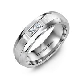 Men's Two Stone Ring with Brushed & Grooved Inlay in Tungsten with Cubic Zirconia