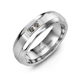 Men's Two Stone Ring with Brushed & Grooved Inlay in Tungsten with Smokey Quartz