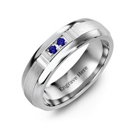 Men's Two Stone Ring with Brushed & Grooved Inlay in Tungsten with Blue Sapphire