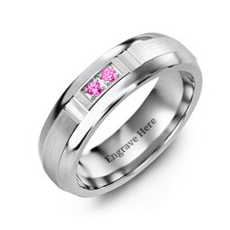 Men's Two Stone Ring with Brushed & Grooved Inlay in Tungsten with Pink Tourmaline