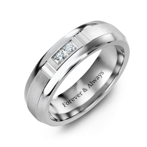 Men's Two Stone Ring with Brushed & Grooved Inlay – Tungsten with Cubic Zirconia