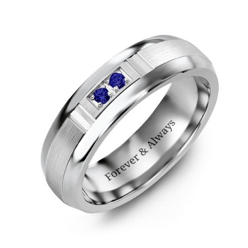 Men's Two Stone Ring with Brushed & Grooved Inlay – Tungsten with Blue Sapphire