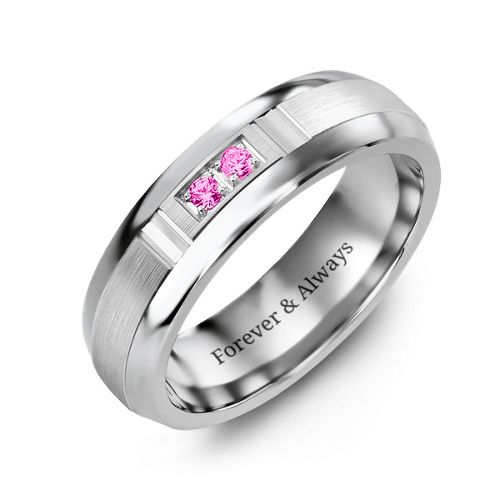 Men's Two Stone Ring with Brushed & Grooved Inlay – Tungsten with Pink Tourmaline