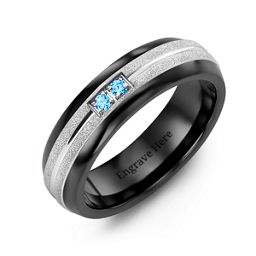 Men's Two Gemstone Ring with Banded Textured Inlay in Ceramic with Blue Topaz