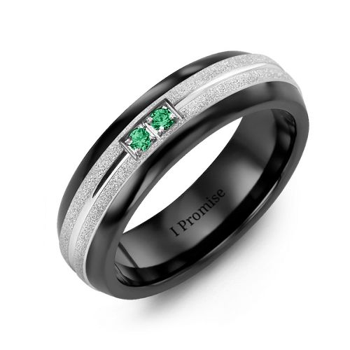 Men's Two Gemstone Ring with Banded Textured Inlay – Ceramic with Emerald