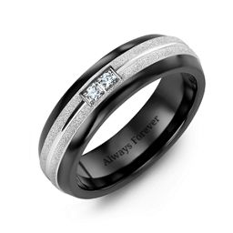 Men's Two Gemstone Ring with Banded Textured Inlay in Ceramic with Diamond