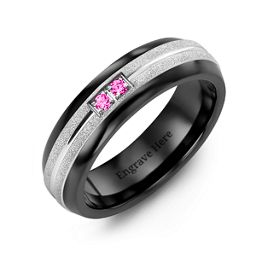 Men's Two Gemstone Ring with Banded Textured Inlay in Ceramic with Pink Tourmaline
