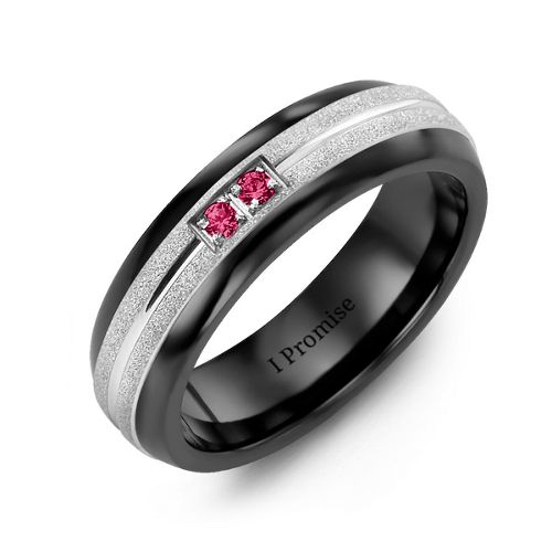 Men's Two Gemstone Ring with Banded Textured Inlay – Ceramic with Ruby