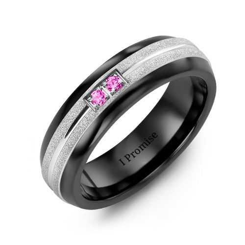 Men's Two Gemstone Ring with Banded Textured Inlay – Ceramic with Pink Tourmaline