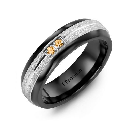 Men's Two Gemstone Ring with Banded Textured Inlay – Ceramic with Citrine