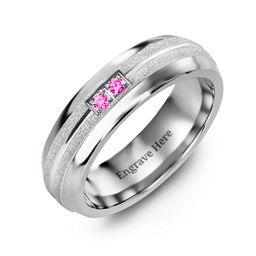 Men's Two Gemstone Ring with Banded Textured Inlay in Tungsten with Pink Tourmaline
