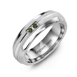 Men's Two Gemstone Ring with Banded Textured Inlay in Tungsten with Alexandrite