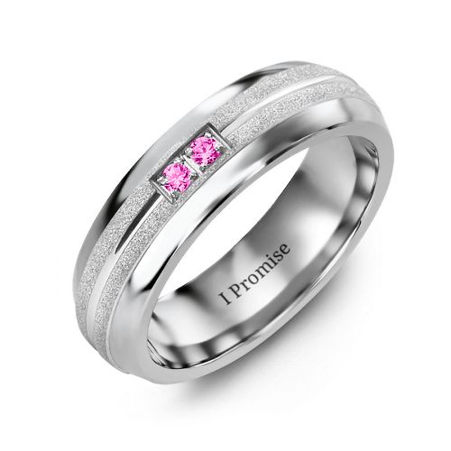 Men's Two Gemstone Ring with Banded Textured Inlay – Tungsten with Pink Tourmaline