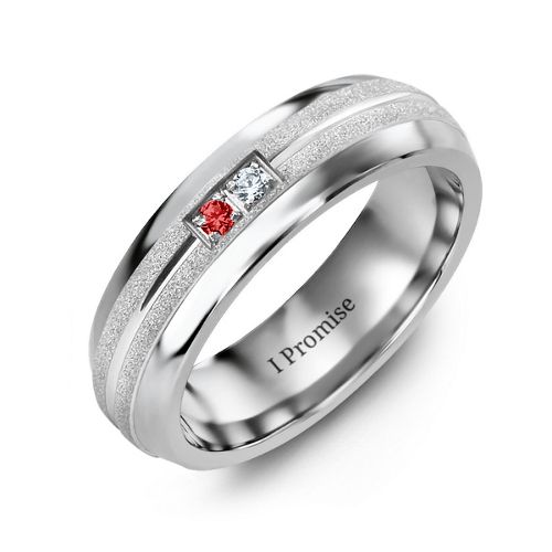 Men's Two Gemstone Ring with Banded Textured Inlay – Tungsten with Garnet and Cubic Zirconia