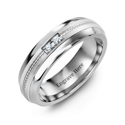 Men's Two Stone Ring with Rope Detail Inlay in Tungsten with Cubic Zirconia