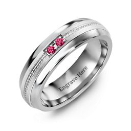 Men's Two Stone Ring with Rope Detail Inlay in Tungsten with Ruby