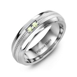 Men's Two Stone Ring with Rope Detail Inlay in Tungsten with Peridot