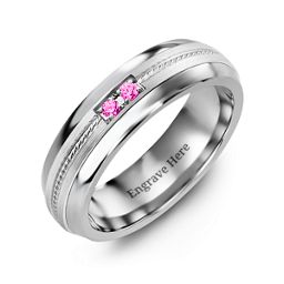 Men's Two Stone Ring with Rope Detail Inlay in Tungsten with Pink Tourmaline
