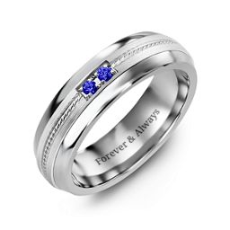 Men's Two Stone Ring with Rope Detail Inlay in Tungsten with Blue Sapphire