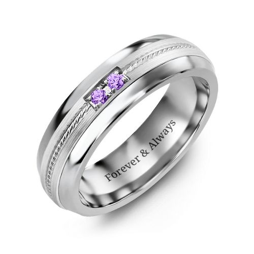 Men's Two Stone Ring with Rope Detail Inlay – Tungsten with Amethyst