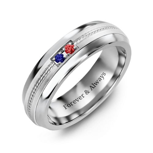 Men's Two Stone Ring with Rope Detail Inlay – Tungsten with Blue Sapphire and Garnet