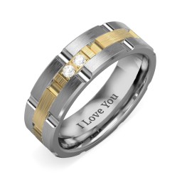 Men's Two Stone Grooved and Brushed Ring in Tungsten with Cubic Zirconia