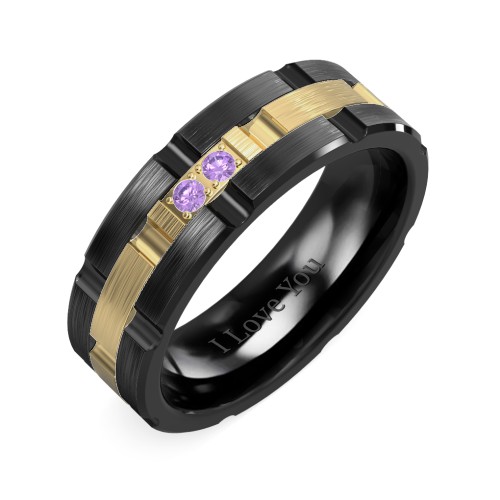 Men's Two Stone Grooved and Brushed Ring – Ceramic with Amethyst